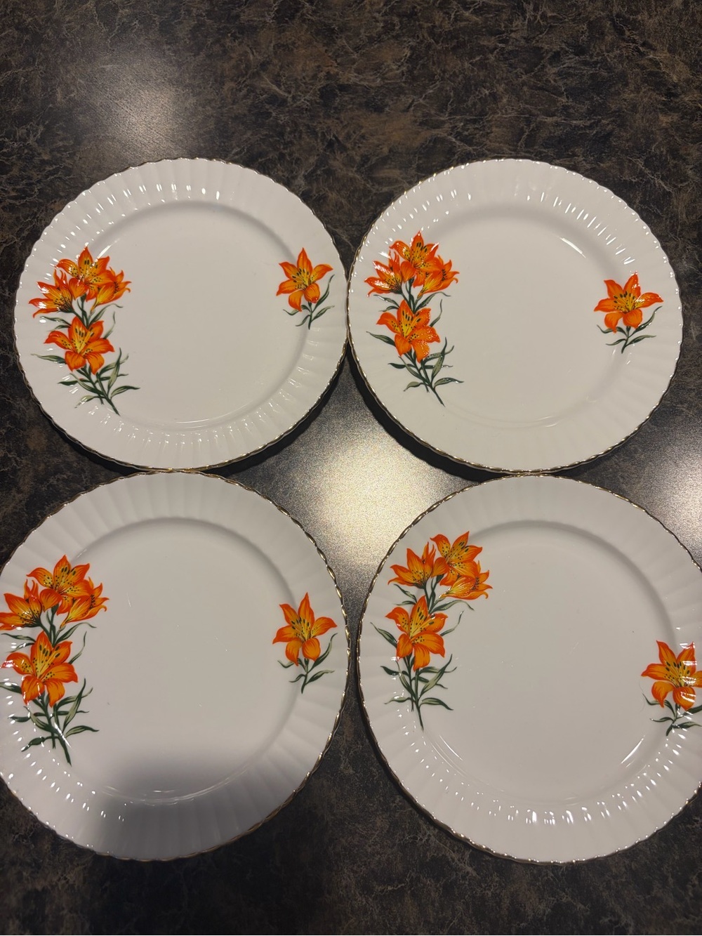 White side Plate Set with Orange Floral Accent - 4 Pack